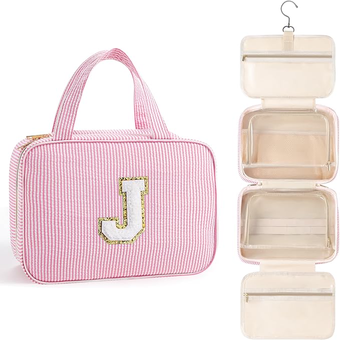 TOPEAST Travel Toiletry Bag Makeup Bag - Hanging Toiletry Bag for Women, Portable Toiletries Travel Bag and Cosmetic Bag, Airplane Travel Essentials Travel Toiletry Bag - Letter J, Pink