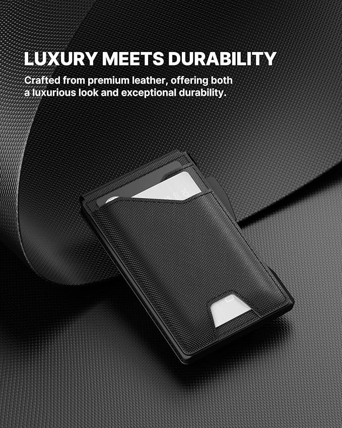 typecase Tactical Wallet for Men Card Holder: Pop Up Card Case, Genuine Leather, Smart, RFID Blocking, Slim, Minimalist, Thin, Front Pocket - 9-13 Card Capacitiy, ID Window, Money Clip (Dark Black)