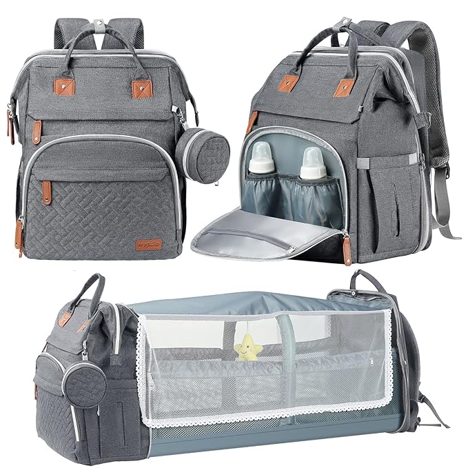 DERJUNSTAR Baby Diaper Bag Backpack with ChangingStation-Large Capacity Baby Bag for Boys & Girls, USBCharging Port, Pacifier Case, sunshade & Toy Bar,Waterproof， Pale Grey