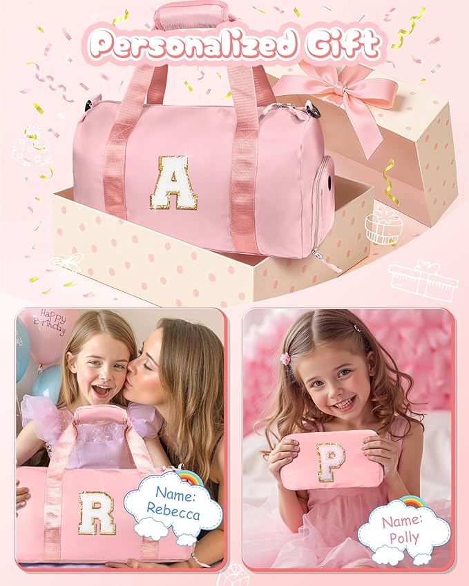 Ballet Dance Gifts for Little Girls-Girl Gym Bag with Shoe Compartment, Kid Weekender Ballet Bags, Initial Travel Tote with Makeup Pouch, Preppy Things for Kids Girls (Letter E)