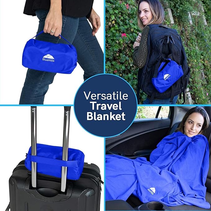BlueHills Ultra Compact Travel Blanket 2 Pack Large Soft Cozy Portable Blanket Sheet with Carry Case and for Flight Airplane Car Layover Camping Hotel Blue C205-2PK-Royal