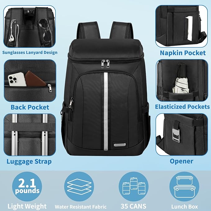 Backpack Cooler Insulated Leak Proof 35 Cans, 2 Insulated Compartments Thermal Bag, Portable Lightweight Beach Travel Camping Lunch Backpack for Men and Women, 30L, Reflective Stripes, Water-Resistant
