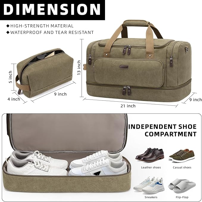 ZOMFELT Duffle Bag for travel, 40L Canvas Travel Duffel Bags for Men Women, Water Resistant Overnight Weekender Bag with Toiletry Bag & Shoe Compartment, Carry on Luggage Bag for Travel, Gym, Green