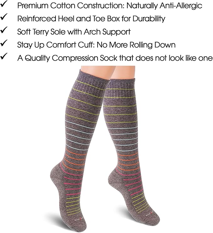 Cotton Compression Socks for Women & Men. 15-20 mmHg Support Knee-High Color Dots X/W
