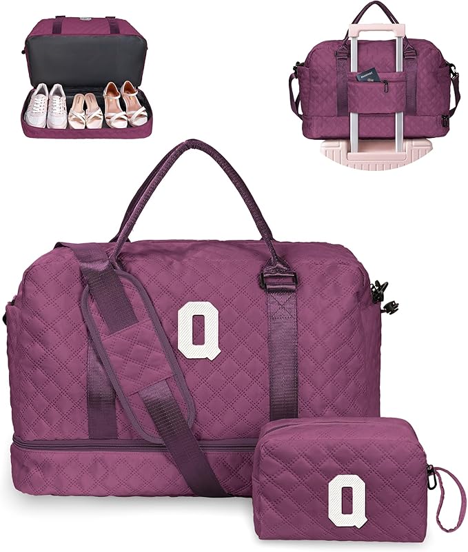 Granddaughter Gift from Grandmom, Teen Birthday Gift-Initial Travel Bag with Shoe Compartment, Weekender Bag, Monogram Overnight Bag for Women, Letter Travel Bag with Makeup Bag (Letter Q)