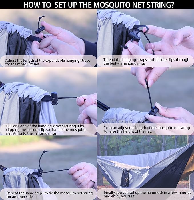 Camping Hammock, Portable Hammocks with Mosquito Net,Lightweight Nylon Parachute Hammock with 10ft Tree Straps,Camping Gear Must Haves for Travel Hiking Backpacking Beach Patio-Black&Grey
