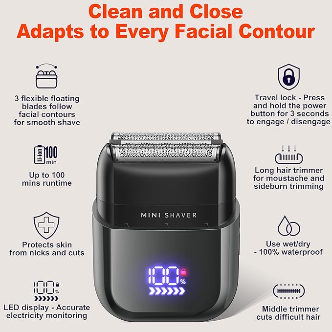 Telfun Mini Electric Foil Shavers for Men, Portable Men's Travel Facial Hair Groomer, USB-C Electric Beard Shaver with Full Body Waterproof & Big LED Display, Close Face Shaver for Head, Beard, & Neck