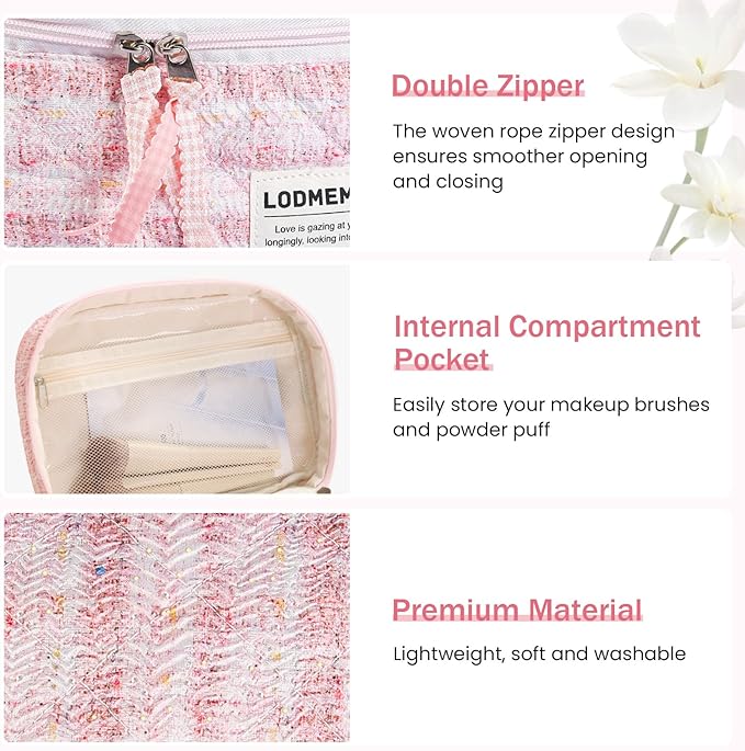 Makeup Bag 3 PCS Quilted Cosmetic Bags for Women, Large Travel Make up Bag Set Cute Cotton Toiletry Bag Organizer Pouch for Purse, Pink
