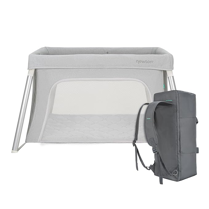 Newton Baby Compact Travel Crib & Play Yard | Breathable & Washable Mattress, Foldable Carry-On Size, Backpack Straps, Gray, Newton Bassinet Attachment NOT Compatible