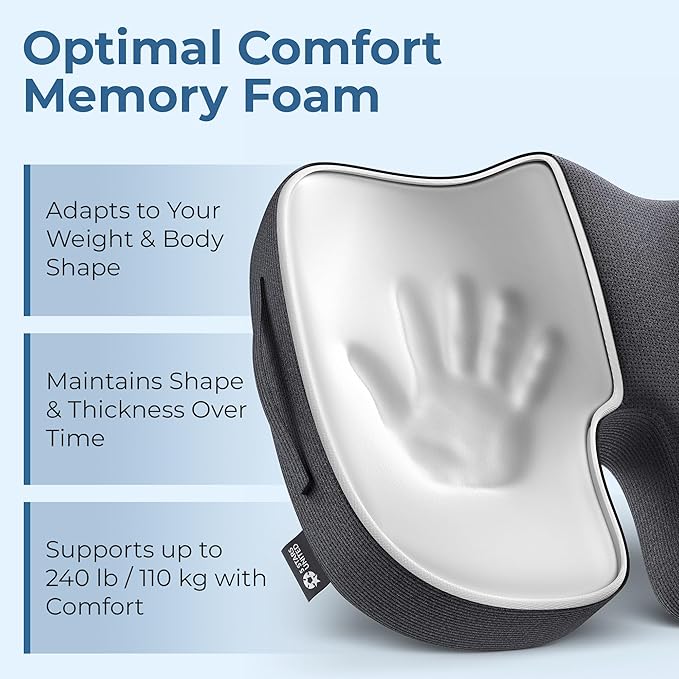 Seat Cushion for Office Chairs - Fits 18"x14" Seats, Tailbone, Coccyx Pain Relief - Butt, Pressure & Sciatica Relief - Gaming, Wheelchair, Car & Desk Pillow, Black