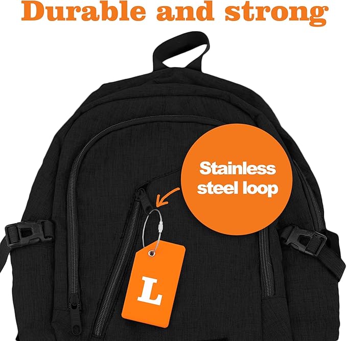 8 Pcs Luggage Tags for Suitcases, 26 Initial Letter Travel Luggage Baggage Identification Labels ID Tags Fully Bendable Tags with Stainless Steel Loop (Letter L, Orange)