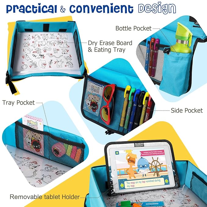 BUENAVO [New Version] Car Seat Organizer Kids Travel Tray for Kids Toddlers Activities in Car Seat, Stroller, Airplane | Waterproof Dry Erase Top | Side Pocket & Water Bottle Holder