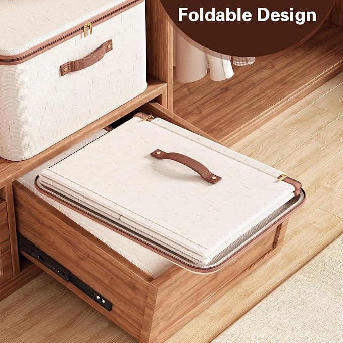 Tuza 3 Pcs Rigid Storage Bins with Zipper Lid, Cotton Linen Fabric Storage Boxes, Foldable Shelves Clothes Storage Cubes with Handles for Wardrobe, Closet(Beige, 56L)
