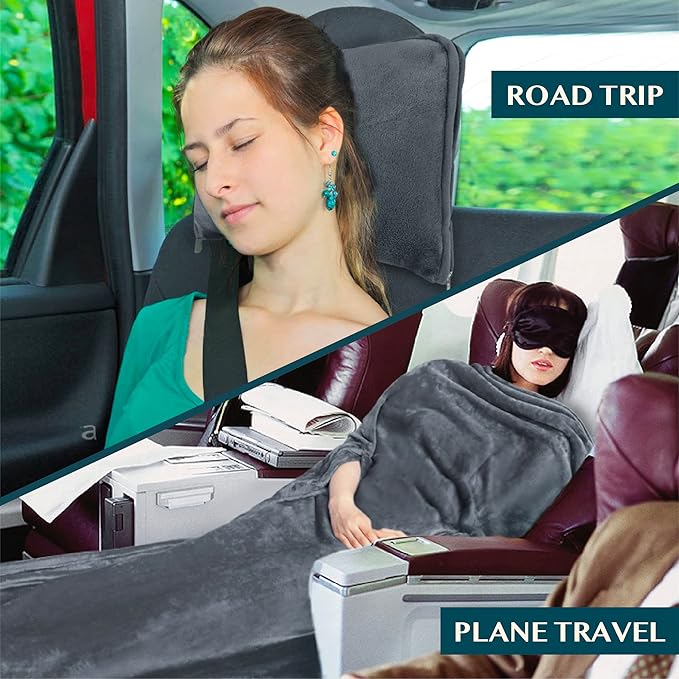 PAVILIA Travel Blanket and Pillow, Arms Opening Airplane Blankets for Adults, Compact Plane Blanket with Arm Hole 2-in-1 Bag for Flight Car Camping Fit in Luggage Backpack Traveler Gift, Dark Gray