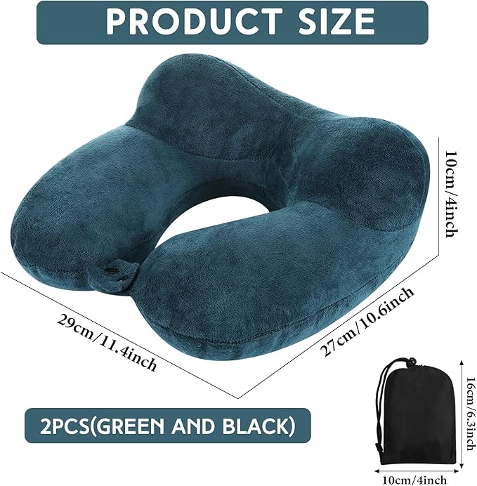 Sintuff 2 Pack Inflatable Travel Pillow for Airplanes Inflatable Neck Flight Pillows with Compact Bag and Blindfold for Traveling, Airplane, Train, Car, Office(Peacock Green and Black)