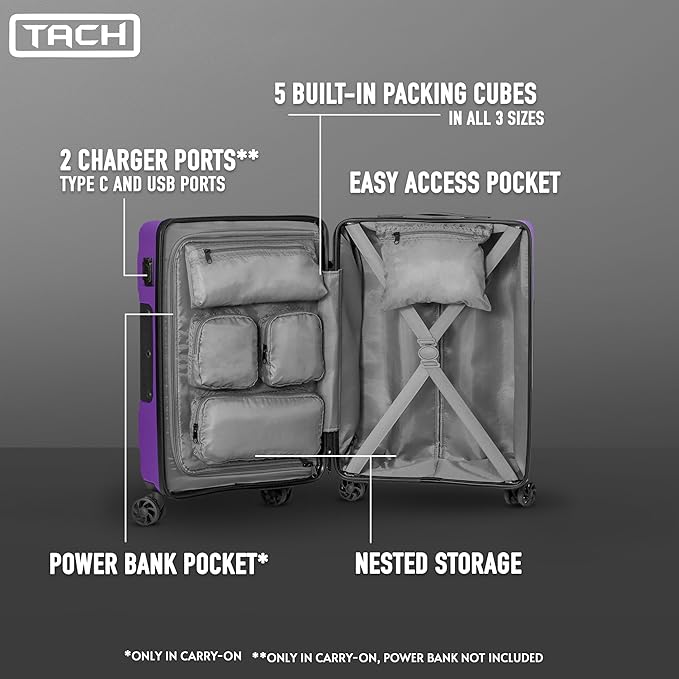 Tach V3.1 Hard Shell 3 Piece Luggage Set - 20, 24 & 28 inch Luggage | Carry On, Medium & Large Checked Suitcases | Patented Built-In Connecting System | Rolling Suitcase Links 9 Bags (Purple)