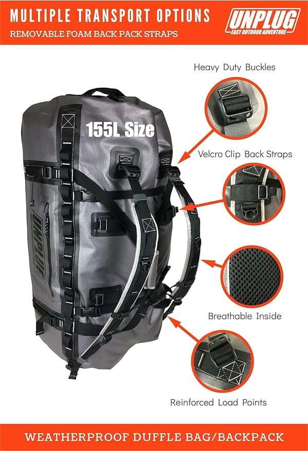 UNPLUG Waterproof Bags for Travel -1680D Heavy Duty Waterproof Duffel Bag for Camping, Motorcycle Dry Bag, Hunting Bag, Bug Out Bag, Waterproof Bags for Boating. Tactical Duffle Bag (155L Storm Grey)