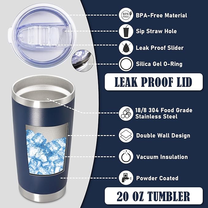20 oz Tumbler Coffee Tavel Tumblers Bulk with Lid Stainless Steel Double Wall Vacuum Insulated Mug Powder Coated Cups fit Car Cupholder for Hot and Cold - Navy, 1Pack