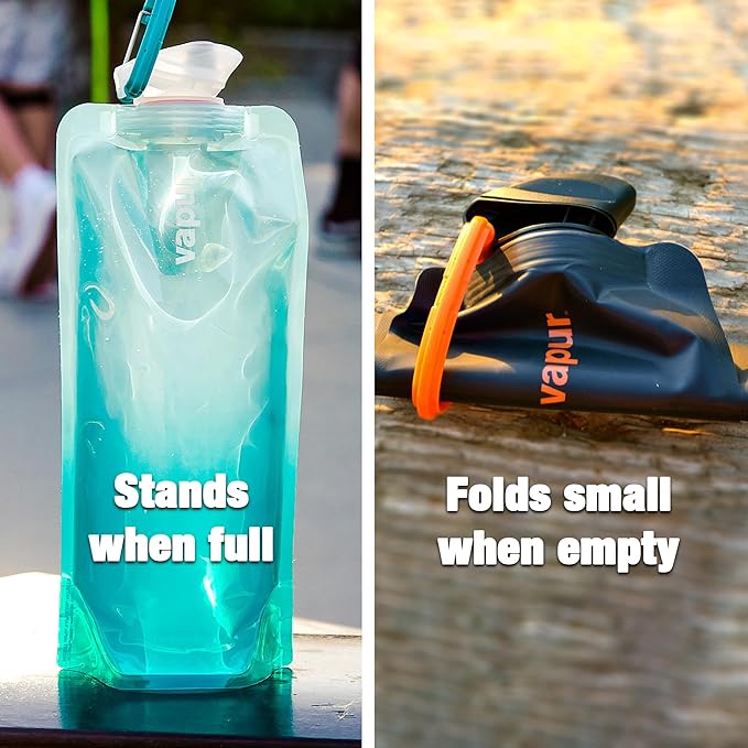 Vapur Collapsible Water Bottle With Carabiner, Compact Bottle Folds Flat For Hydration On The Go, Ideal for Traveling, Hiking or Camping, 23 Ounce, Black, Pack of 1
