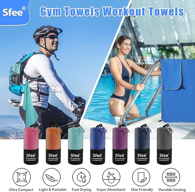 Sfee 2 Pack Microfiber Travel Towel, Quick Dry Towel Camping Towel Super Absorbent Compact Lightweight Sports Gym Towel Beach Towels Set for Gym, Hiking, Pool, Backpacking, Bath, Yoga
