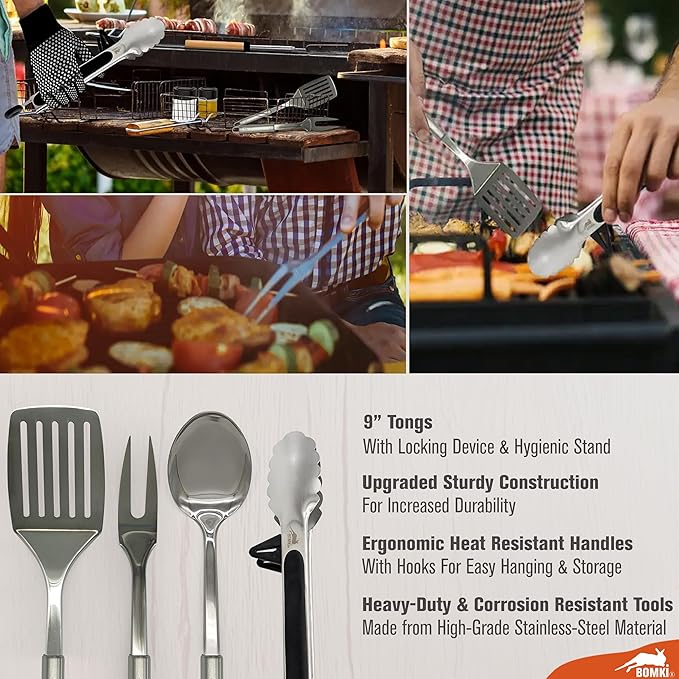 BOMKI Grilling & Camping Cooking Utensils - BBQ & Camping Kitchen Set - Cookware Accessories - Black Pro