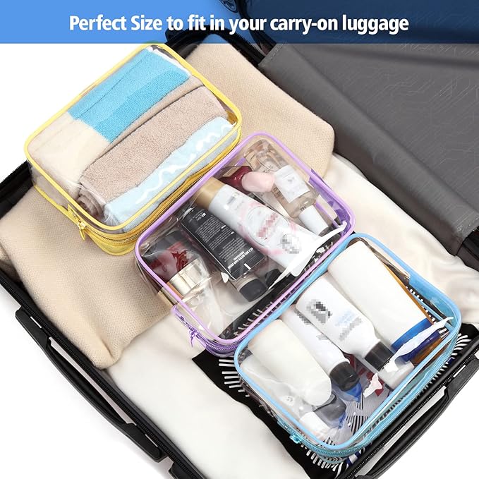PACKISM Clear Toiletry Bag, 5 Pack TSA Approved Toiletry Bag Quart Size Bag, Travel Makeup Cosmetic Bag for Women Men, Carry on Airport Airline Compliant Bag, White, Yellow, Blue, Purple, Pink…