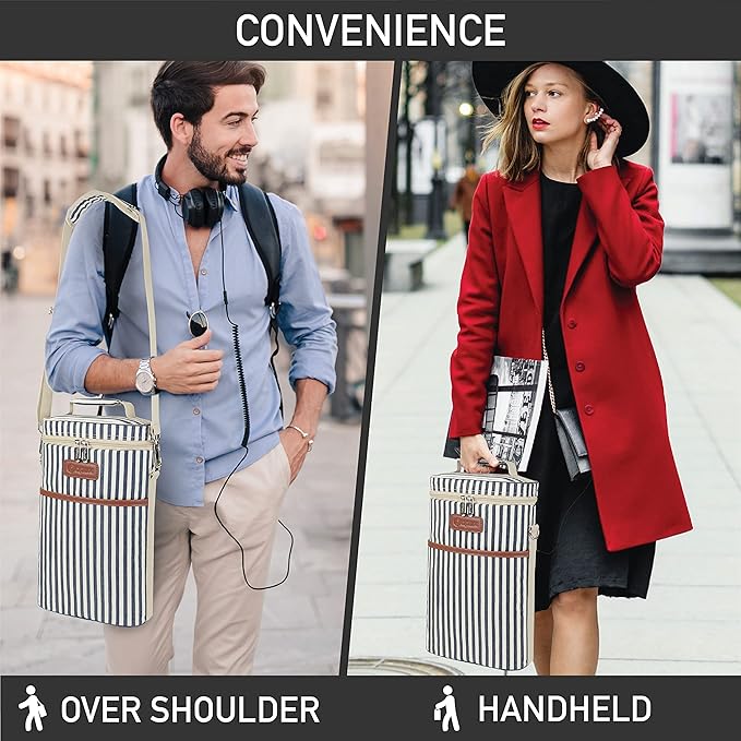 opux 2 Bottle Wine Carrier Tote, Insulated Leakproof Wine Cooler Bag, Wine Travel Bag for Picnic BYOB Beach, Portable Wine Bottle Carrying Case, Gift for Wine Lover Women Men Christmas,Stripe