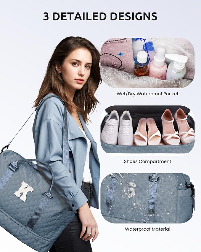 Personalized Weekender Bag for Women With Shoe Compartment, Monogram Overnight Travel Bag, Makeup Bag Included - Gifts for Daughter, Sister, Friend, Girlfriend (Letter M)