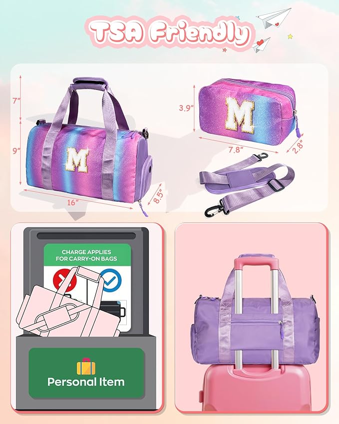 Gifts for 4 5 6 7 8 9 10 11 Year Old Girls-Girl Gym Bag with Shoe Compartment, Kid Personalized Weekender Bymnastic Bags, Initial Travel Tote with Makeup Pouch, Dance Bag Gift (Letter A)