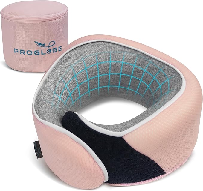 Junior Kids Travel Neck Pillow - Ergonomic Memory Foam Pillow for Airplane, Car, Booster Seat - Soft, Washable, Compact Travel Pillow with Strap - Light Pink - Ages 4-13