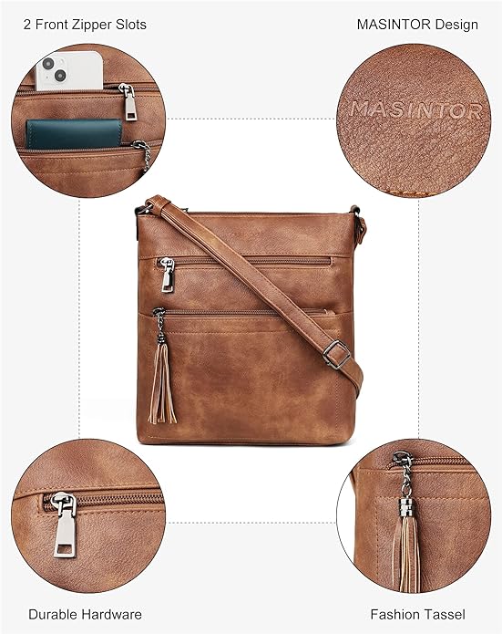 MASINTOR Crossbody Purses for Women, Multi Pocket Casual Crossbody Bag, Adjustable Strap Shoulder Bag with Tassel