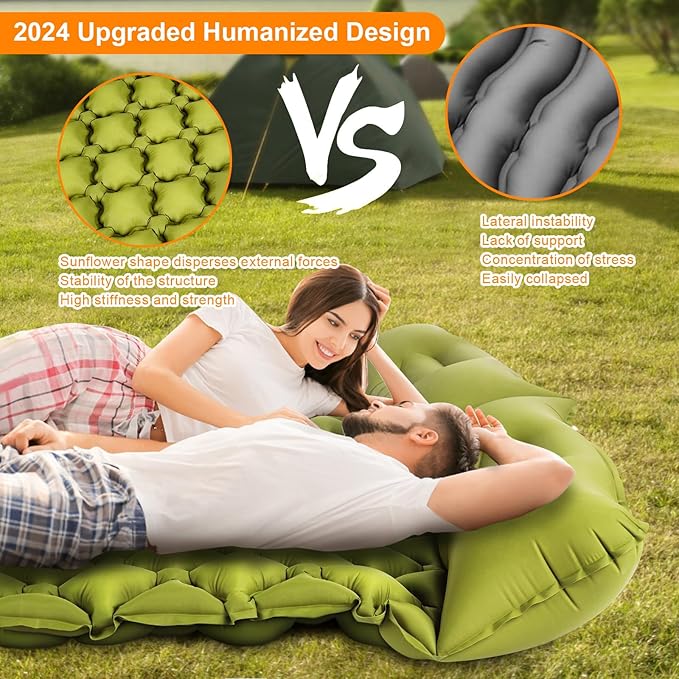 Double Sleeping Pad, Ultralight 3" Extra-Thick Self Inflating Sleeping Mat for 2 Person with Pillow Built-in Foot Pump Portable Camping Mat for Backpacking, Hiking, Traveling, Tent, Camping