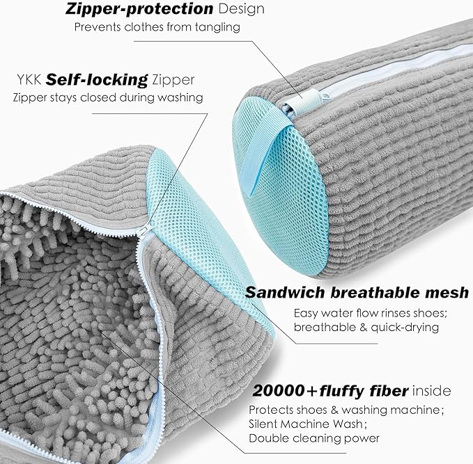 Shoe Washing Machine Bag,Laundry Shoe Bag for Washer and Dryer,Reusable Shoe Cleaning Bag for Sneakers,Tennis Shoes,With Self-locking Zipper, Microfiber Inside,Include Shoes Storage Bag (Grey(1PC))