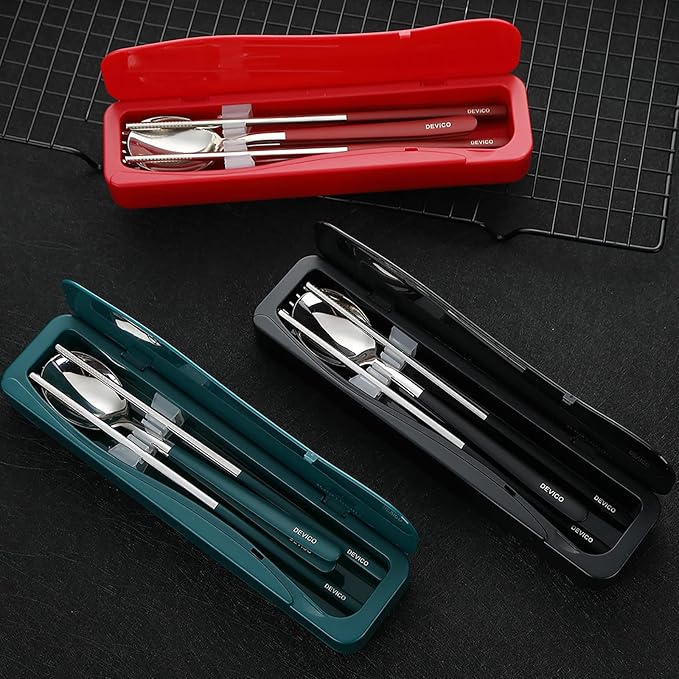DEVICO Travel Utensils With Case, 18/8 Stainless Steel Camping Utensils, Reusable Portable Silverware Cutlery Set For Lunch Box, Include Fork Spoon Chopsticks