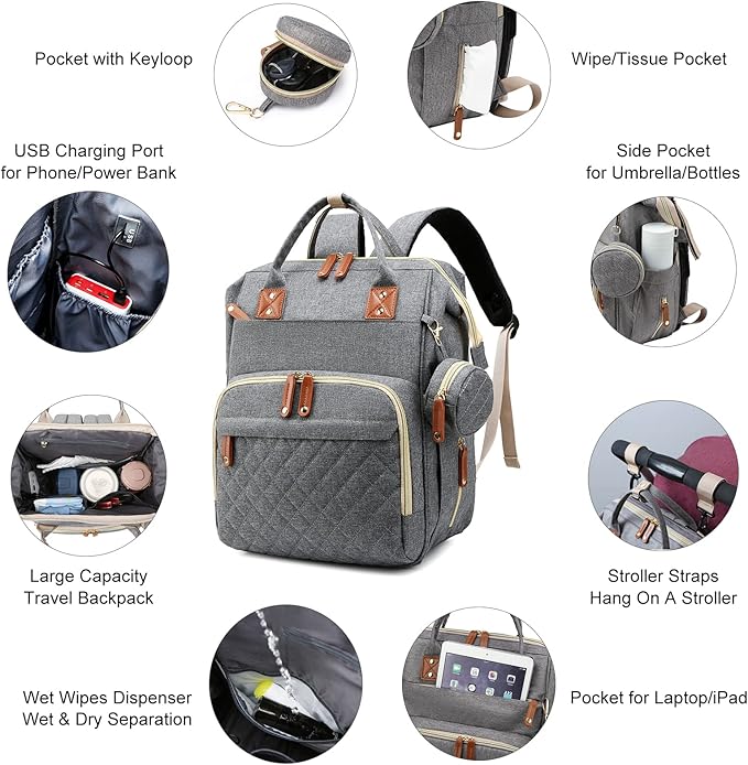Diaper Bag with Changing Station, Waterproof 3 in 1 Baby Diaper Backpack with Foldable Changing Pad, Large Travel Back Pack for Baby Girl Boy, Grey