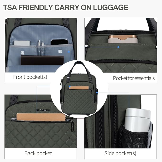 EMPSIGN Underseat Carry On Wheeled - 16" Carry on Bag with Wheels Multi-functional Lightweight Rolling Bag Overnight Weekender Small Suitcase for Women Men Travel Business, Army Green