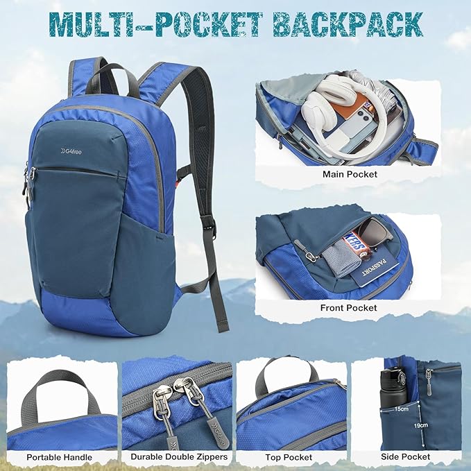 G4Free Packable Hiking Backpack 20L Lightweight Foldable Travel Daypack with Thickened Back Panel for Men Women(Blue)