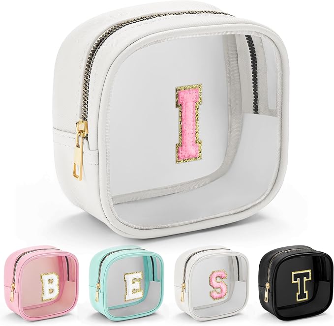 YOOLIFE Initial Make Up Bag Travel Toiletry Bag, Clear Makeup Bag Preppy Cosmetic Bags Organizer Travel Essentials Gifts for Women Teen Girlfriend Teacher Mom Birthday Mothers Day Gifts White I
