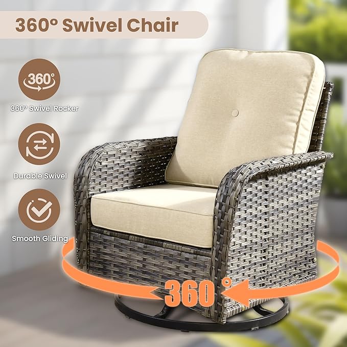 HOOOWOOO Patio Furniture Set,8 Pieces Outdoor Conversation Set,All Weather Wicker Loveseat Sofa Set with High Back Swivel Rocking Chairs Tables,Beige