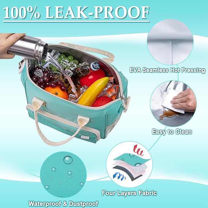 Preppy Lunch Box for Women Aesthetic Insulated Lunch Bag for Young Ladies Female, Teal