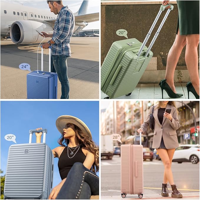 24 Inch Check in Luggage with Spinner Wheels, Hard Shell Suitcases Travel Expandable Luggage with Cup Holder Charger Built in, Checked Medium Suitcase Lightweight Suitcases, Pink