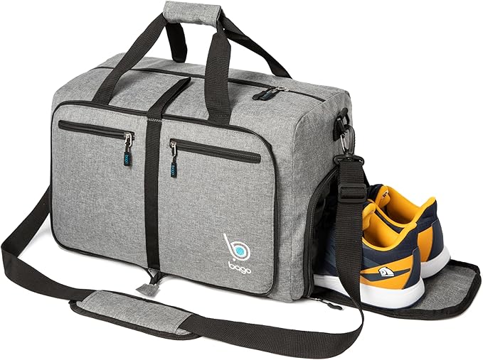 Bago Foldable Duffel Bags for Traveling Women & Men - 60L Medium Packable Duffle Bag for Travel with Shoe Compartment - Water Repellant, Heavy Duty, Lightweight Folding & Collapsible (SnowGray)