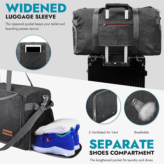 Canway 85L Travel Duffel Bag, Foldable Weekender Bag with Shoes Compartment for Men Women Water-proof & Tear Resistant (Panther Black, 85L)