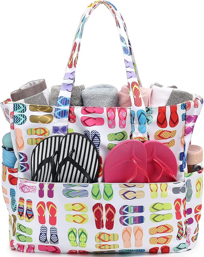 LEDAOU Large Beach Tote Bag Women Waterproof Sandproof Zipper Beach Tote Bag for Pool Gym Grocery Travel with Wet Pocket