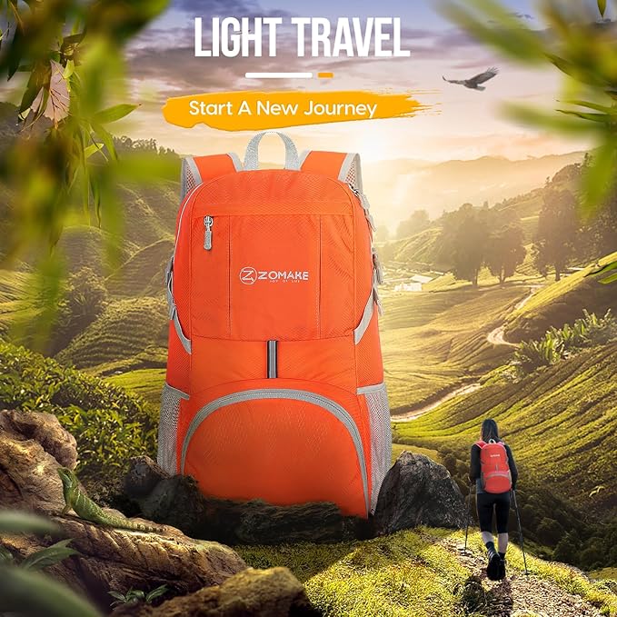 ZOMAKE Lightweight Packable Backpack 35L, Light Foldable Backpacks Water Resistant Collapsible Hiking Bag, Compact Folding Day Pack for Travel Camping(Orange)