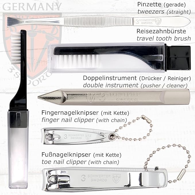 3 Swords Germany – brand quality 10 piece manicure pedicure grooming kit set for nail care tweezers file clipper, Made by 3 Swords (BLACK - GENUINE LEATHER)