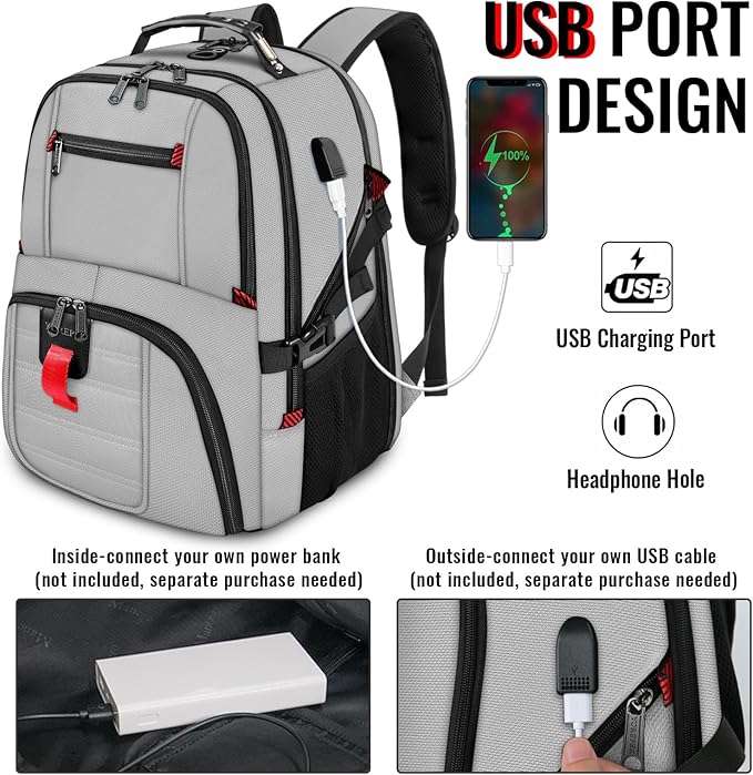 YOREPEK Travel Backpack, Extra Large 50L Laptop Backpacks for Men Women, Water Resistant College Backpack Airline Approved Business Work Bag with USB Charging Port Fits 17 Inch Computers, Light Grey