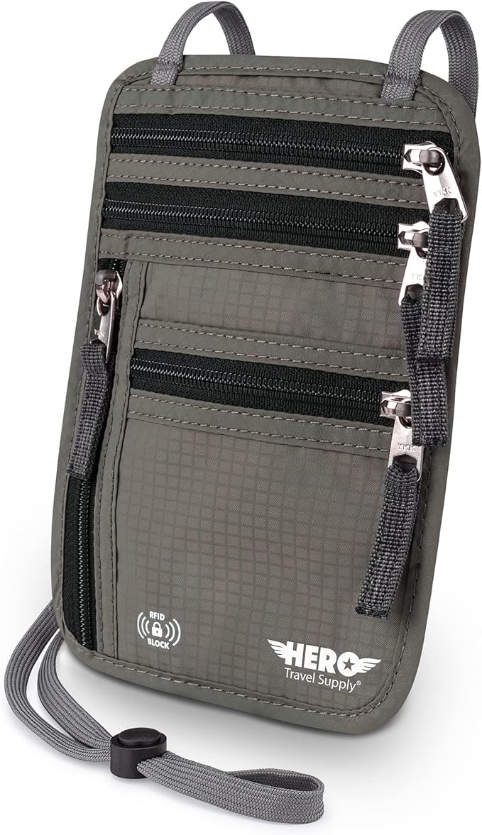 HERO Neck Wallet, RFID Blocking Passport Holder, Easy to Conceal Travel Pouch