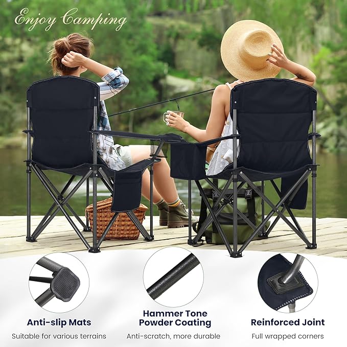 HIGH POINT SPORTS Camping Folding Chair, Heavy Duty Oversized Portable Outdoor Chair, Foldable Camp Chair with Cup Holder and Cooler Bag Support 450 LBS, Green…