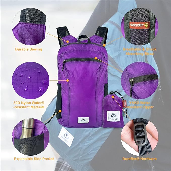 4Monster Hiking Daypack,Water Resistant Lightweight Packable Backpack for Travel Camping Outdoor